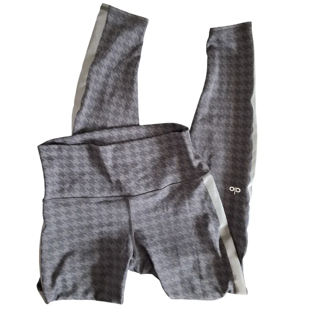 Alo M High Waist Houndstooth Leggings Grey Black Side Stripe Yoga Pants Gorpcore